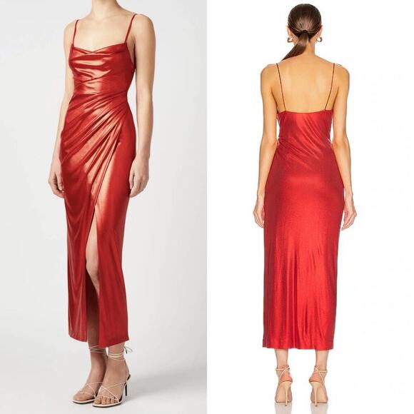 Galvan London $1595 Mars Metallic Ruched Midi Dress Cowl Neck Red Size US 6 - Picture 1 of 9